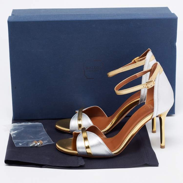 Pre Owned Malone Souliers Gold/Silver Leather Miranda Ankle Strap Sandals Size 35