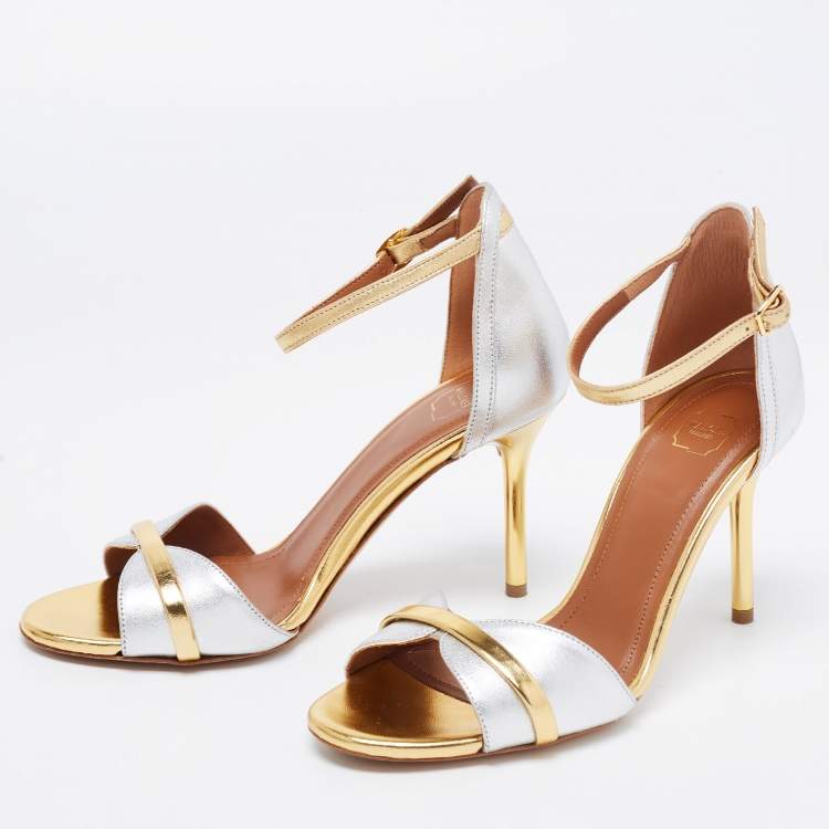 Pre Owned Malone Souliers Gold/Silver Leather Miranda Ankle Strap Sandals Size 35