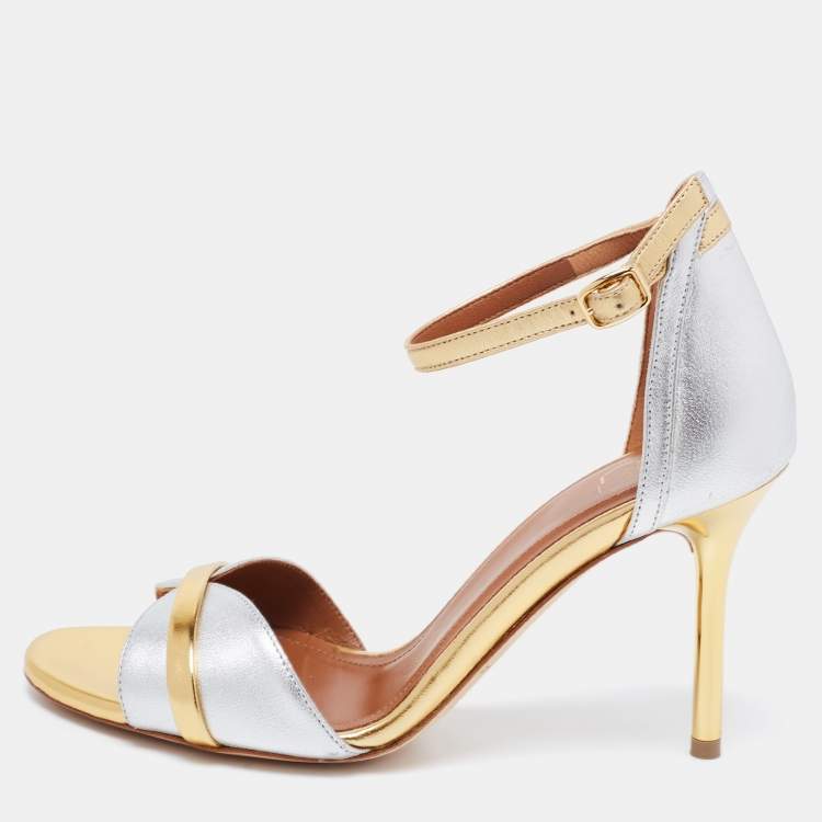 Pre Owned Malone Souliers Gold/Silver Leather Miranda Ankle Strap Sandals Size 35