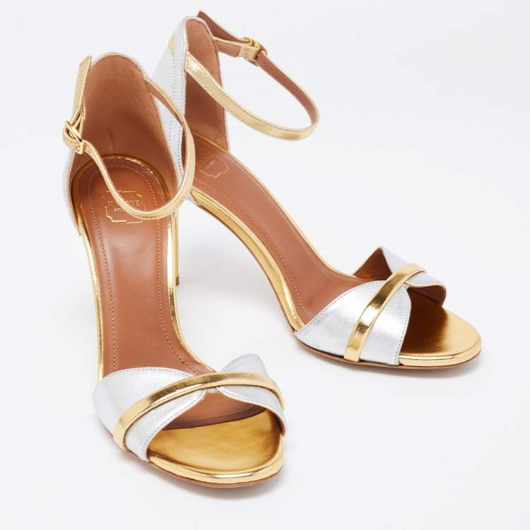 Pre Owned Malone Souliers Gold/Silver Leather Miranda Ankle Strap Sandals Size 35