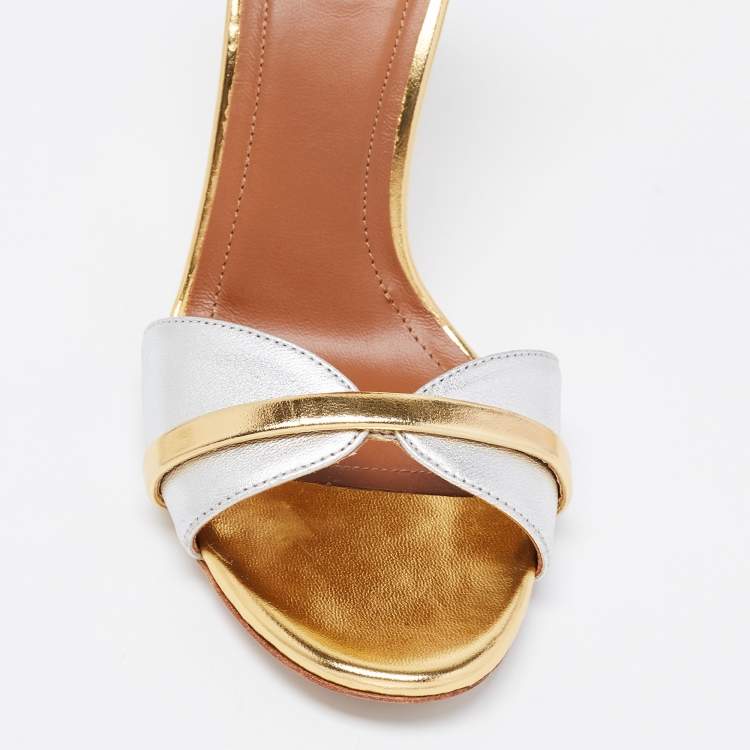 Pre Owned Malone Souliers Gold/Silver Leather Miranda Ankle Strap Sandals Size 35