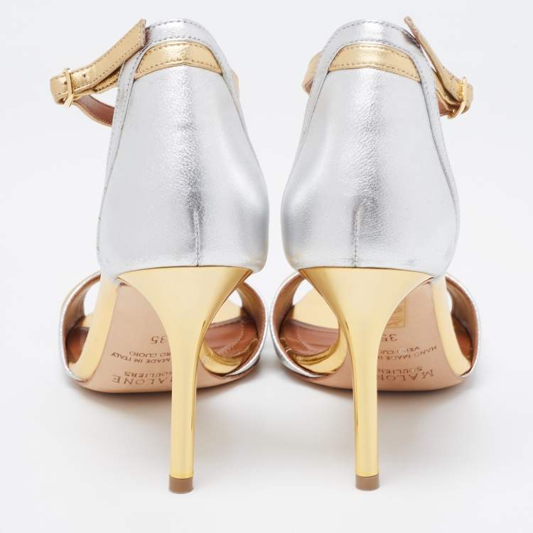 Pre Owned Malone Souliers Gold/Silver Leather Miranda Ankle Strap Sandals Size 35