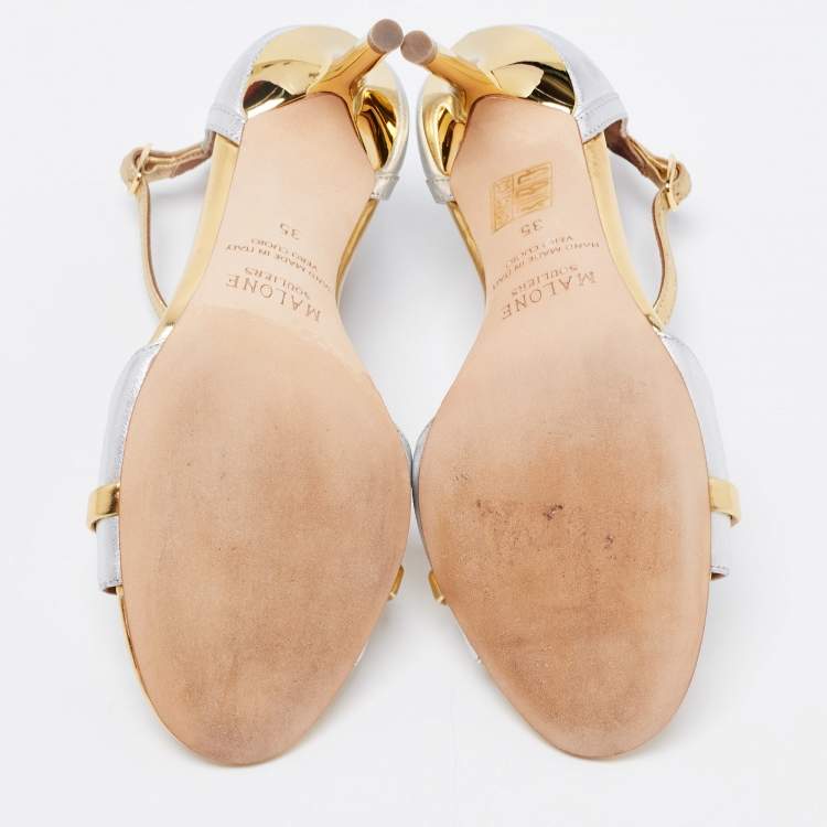 Pre Owned Malone Souliers Gold/Silver Leather Miranda Ankle Strap Sandals Size 35