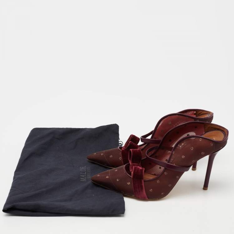 Pre Owned Malone Souliers Burgundy Polka Dot Mesh And Leather Marguerite Bow Mules Size 37