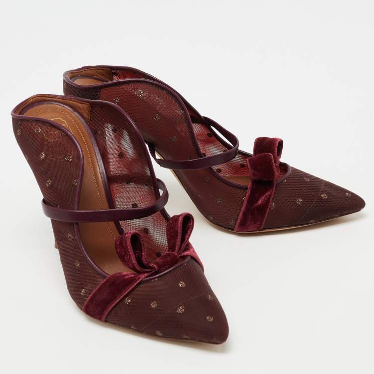 Pre Owned Malone Souliers Burgundy Polka Dot Mesh And Leather Marguerite Bow Mules Size 37