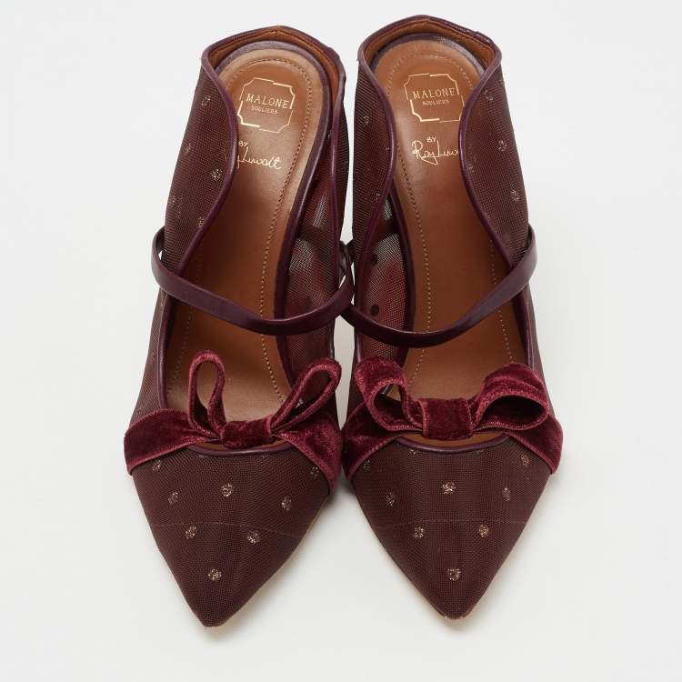 Pre Owned Malone Souliers Burgundy Polka Dot Mesh And Leather Marguerite Bow Mules Size 37