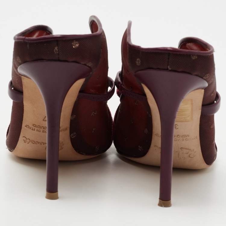 Pre Owned Malone Souliers Burgundy Polka Dot Mesh And Leather Marguerite Bow Mules Size 37