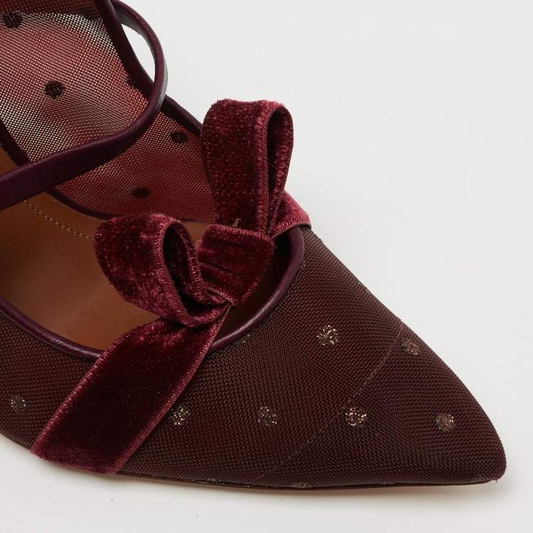 Pre Owned Malone Souliers Burgundy Polka Dot Mesh And Leather Marguerite Bow Mules Size 37