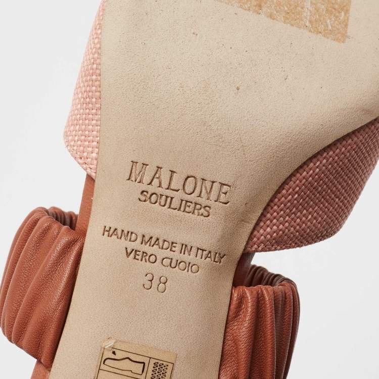 مملوكة مسبقًا Malone Souliers Pink/Brown Woven Straw and Leather Maisie Mules Size 38
