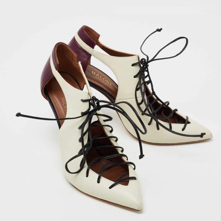 Pre Owned Malone Souliers Off-White/Purple Leather Montana Lace Up Pointed Toe Pumps Size 36