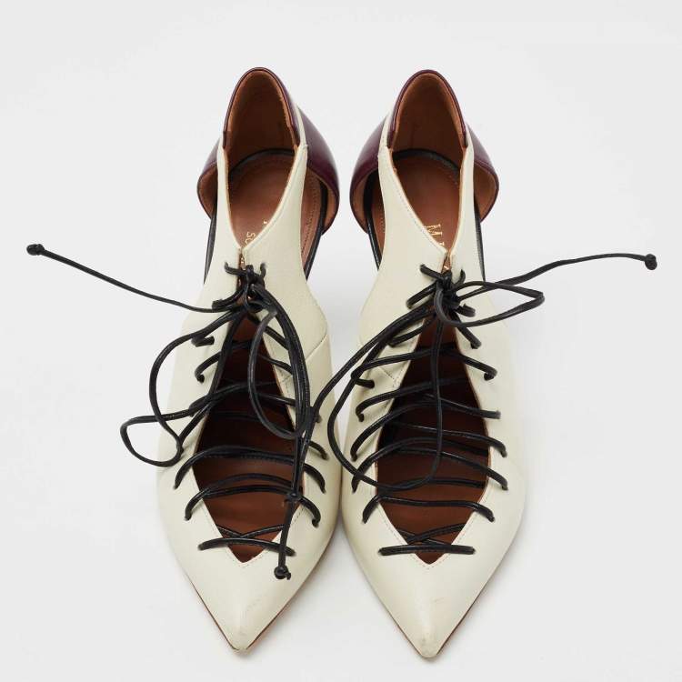 Pre Owned Malone Souliers Off-White/Purple Leather Montana Lace Up Pointed Toe Pumps Size 36