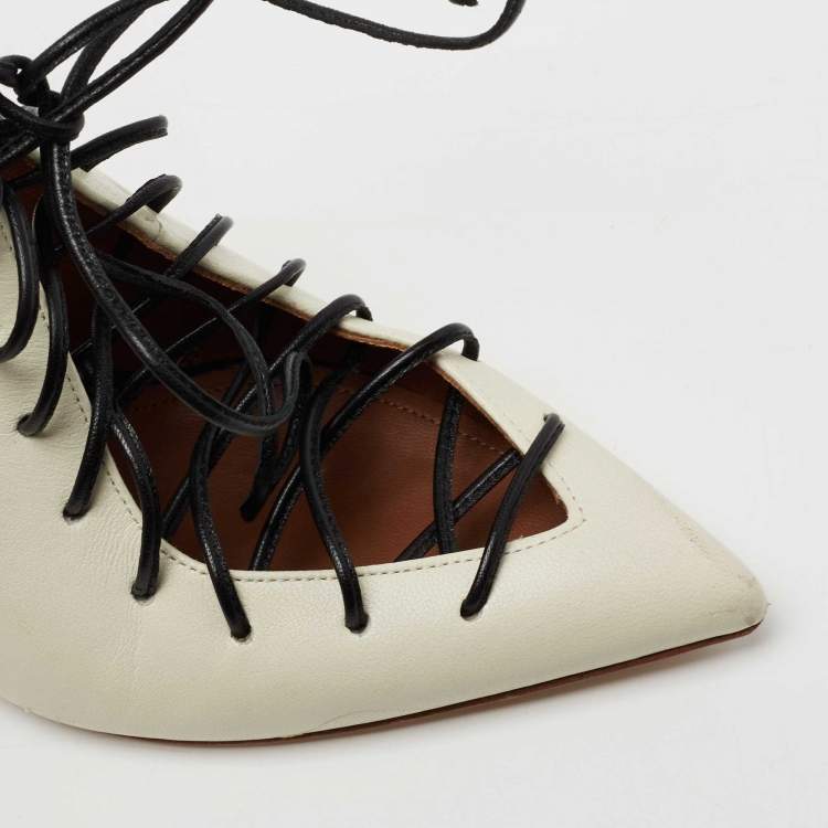 Pre Owned Malone Souliers Off-White/Purple Leather Montana Lace Up Pointed Toe Pumps Size 36