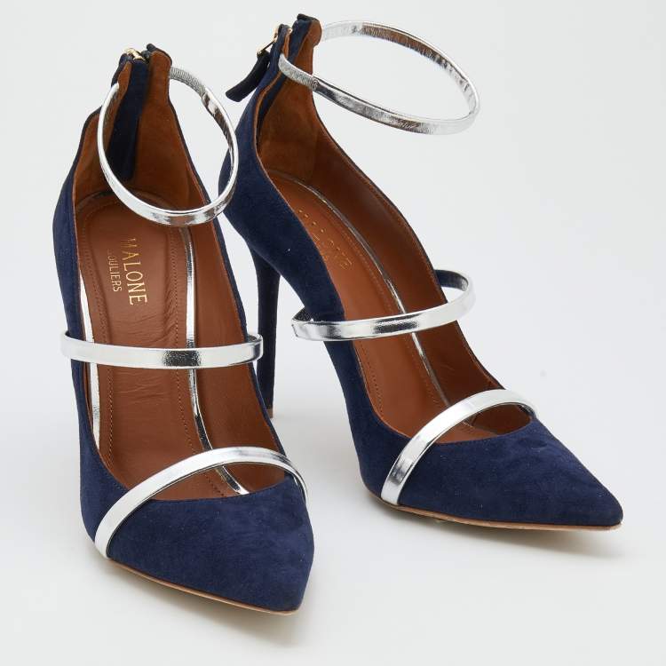 Pre Owned Malone Souliers Royal Blue/Silver Suede and Leather Robyn Ankle-Strap Pumps Size 39.5