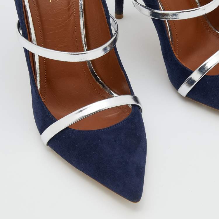 Pre Owned Malone Souliers Royal Blue/Silver Suede and Leather Robyn Ankle-Strap Pumps Size 39.5