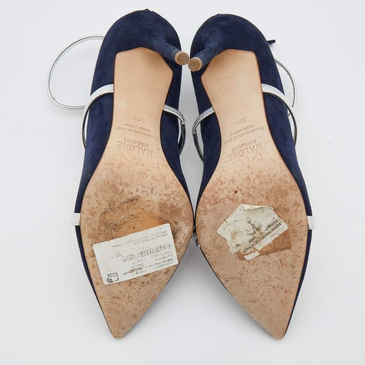 Pre Owned Malone Souliers Royal Blue/Silver Suede and Leather Robyn Ankle-Strap Pumps Size 39.5