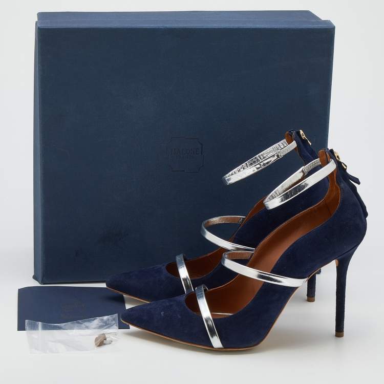 Pre Owned Malone Souliers Royal Blue/Silver Suede and Leather Robyn Ankle-Strap Pumps Size 39.5
