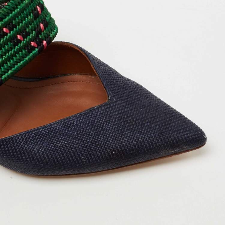 Pre Owned Malone Souliers Navy Blue/Green Straw and Fabric Maisie Mules Size 36