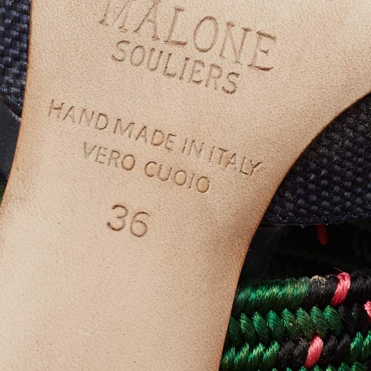 Pre Owned Malone Souliers Navy Blue/Green Straw and Fabric Maisie Mules Size 36