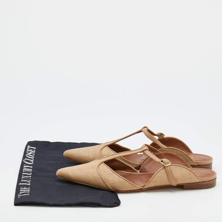 مملوكة مسبقًا Malone Souliers Beige Raffia And Leather Marion Pointed Toe Flat Mules Size 40