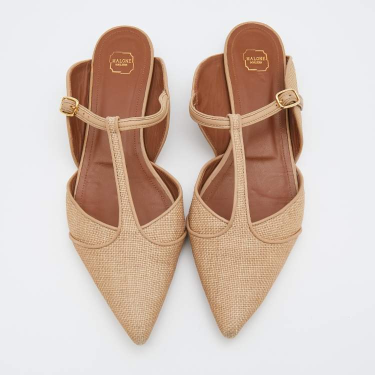 مملوكة مسبقًا Malone Souliers Beige Raffia And Leather Marion Pointed Toe Flat Mules Size 40