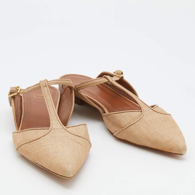مملوكة مسبقًا Malone Souliers Beige Raffia And Leather Marion Pointed Toe Flat Mules Size 40