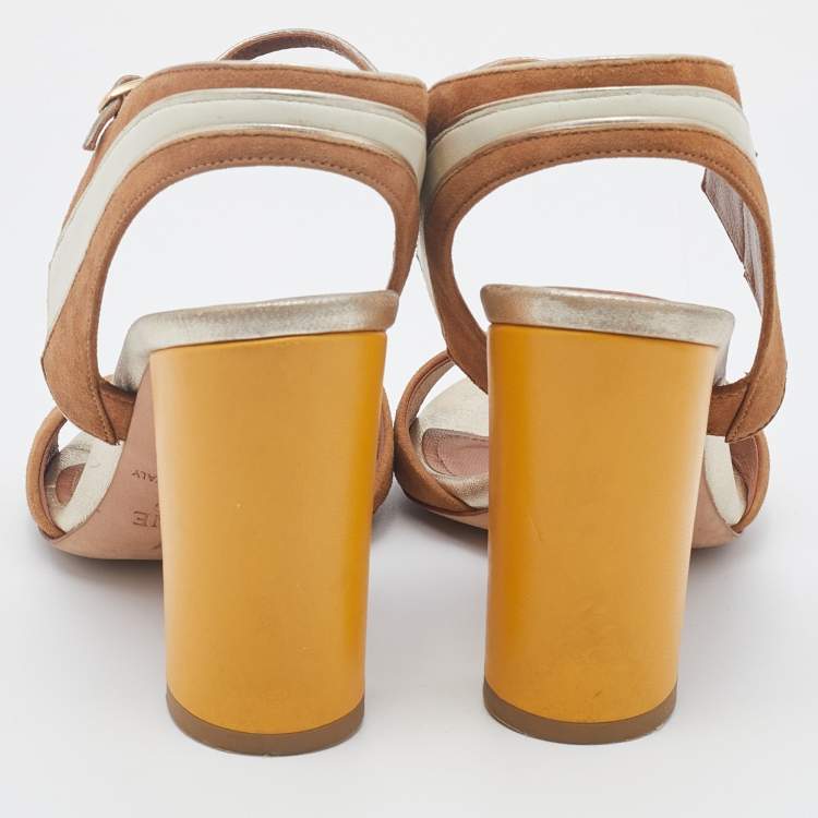 Pre Owned Malone Souliers Brown/Cream Leather And Suede Block Heel Ankle Strap Sandals Size 36