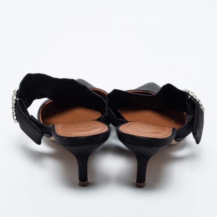 Pre Owned Malone Souliers Black Satin Maite Crystal Pointed-Toe Mules Size 38