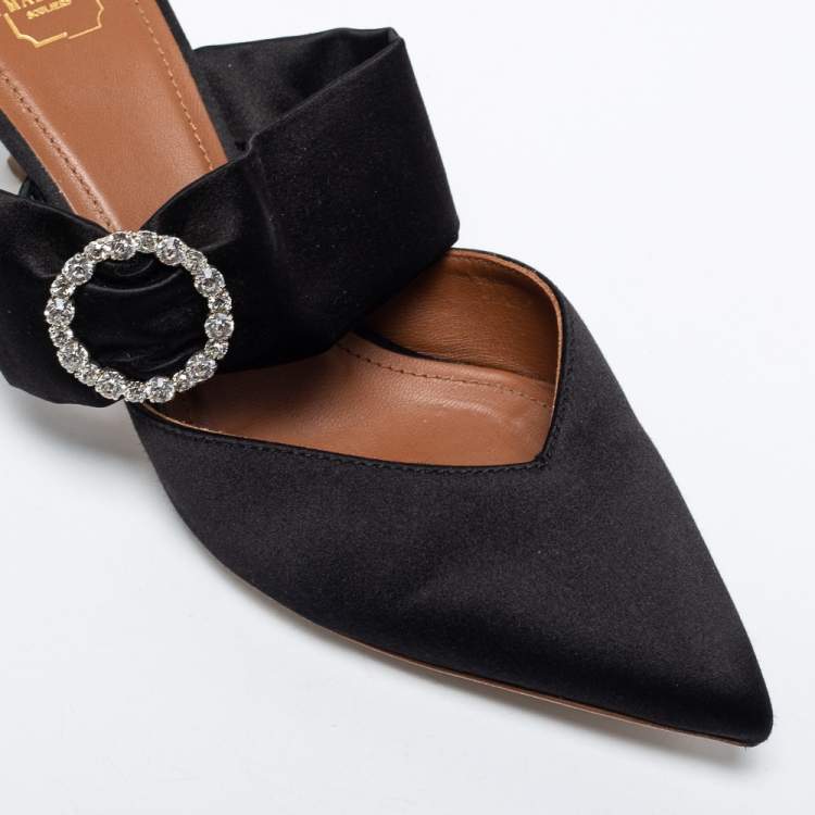 Pre Owned Malone Souliers Black Satin Maite Crystal Pointed-Toe Mules Size 38