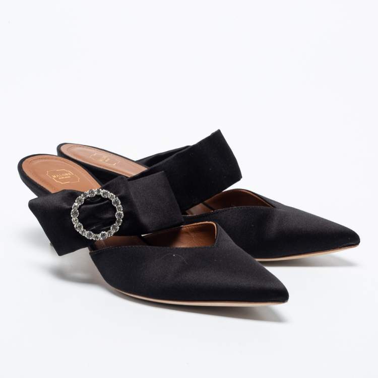 Pre Owned Malone Souliers Black Satin Maite Crystal Pointed-Toe Mules Size 38