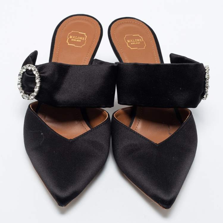 Pre Owned Malone Souliers Black Satin Maite Crystal Pointed-Toe Mules Size 38