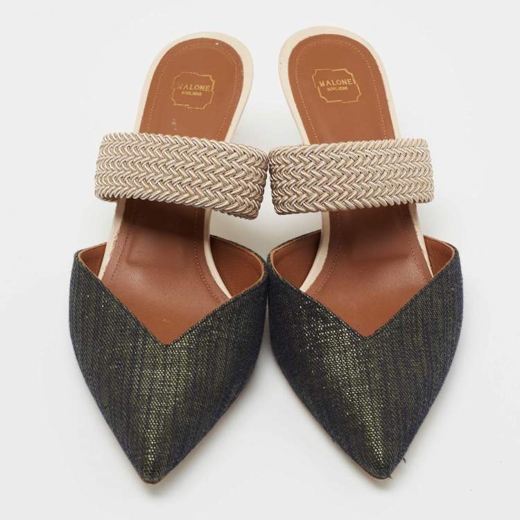 Pre Owned Malone Souliers Navy Blue/Beige Fabric and Stretch Band Maisie Mules Size 38