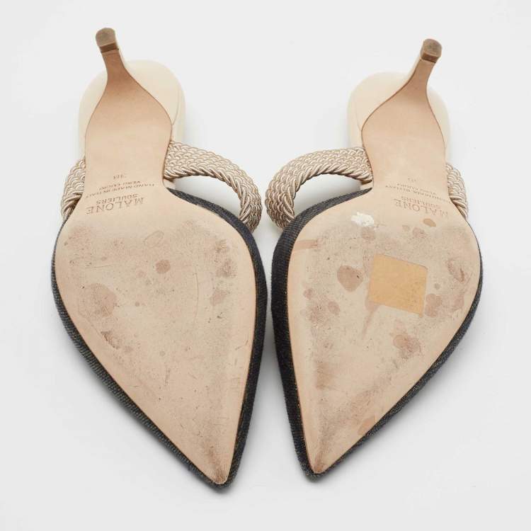 Pre Owned Malone Souliers Navy Blue/Beige Fabric and Stretch Band Maisie Mules Size 38
