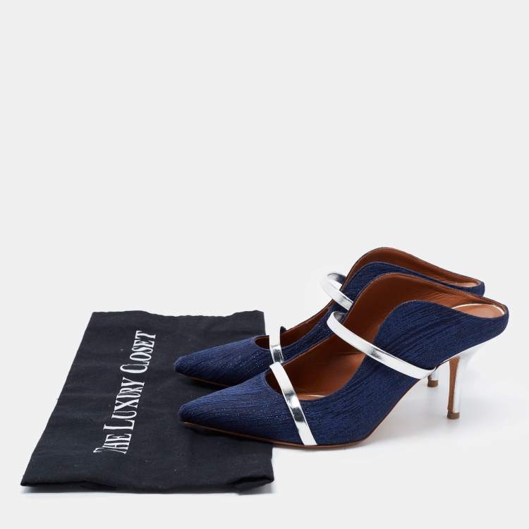 Pre Owned Malone Souliers Navy Blue Leather and Lurex Fabric Maureen Pumps Size 37.5