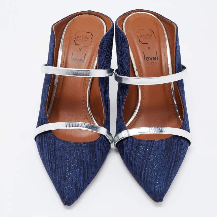 Pre Owned Malone Souliers Navy Blue Leather and Lurex Fabric Maureen Pumps Size 37.5