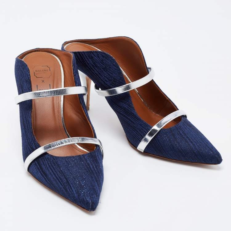Pre Owned Malone Souliers Navy Blue Leather and Lurex Fabric Maureen Pumps Size 37.5