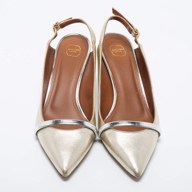 Pre Owned Malone Souliers Metallic Gold/Silver Leather Marion Slingback Pumps Size 37
