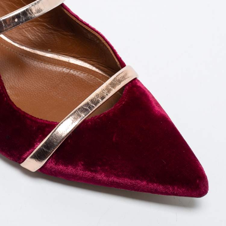 Pre Owned Malone Souliers Burgundy Velvet and Leather Maureen Flats Size 37