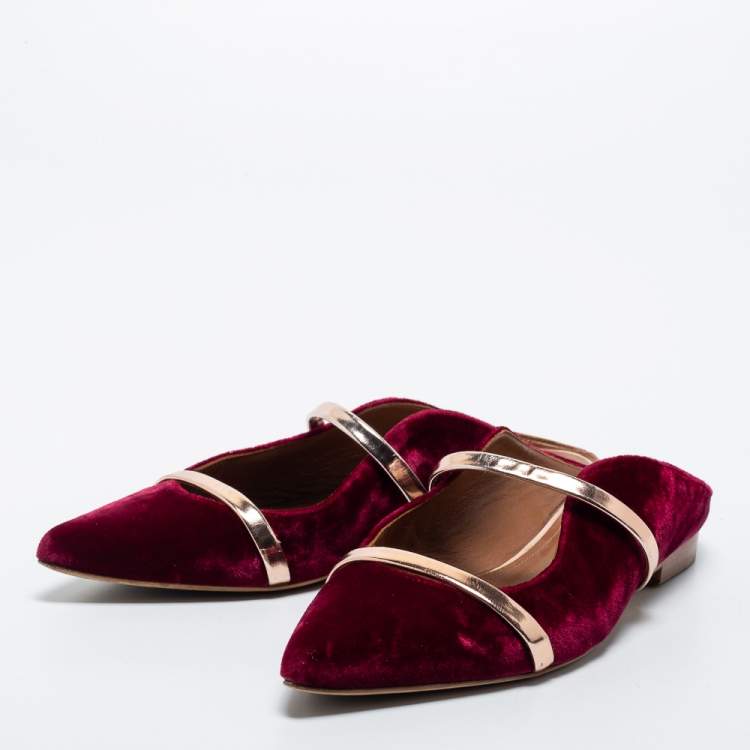 Pre Owned Malone Souliers Burgundy Velvet and Leather Maureen Flats Size 37