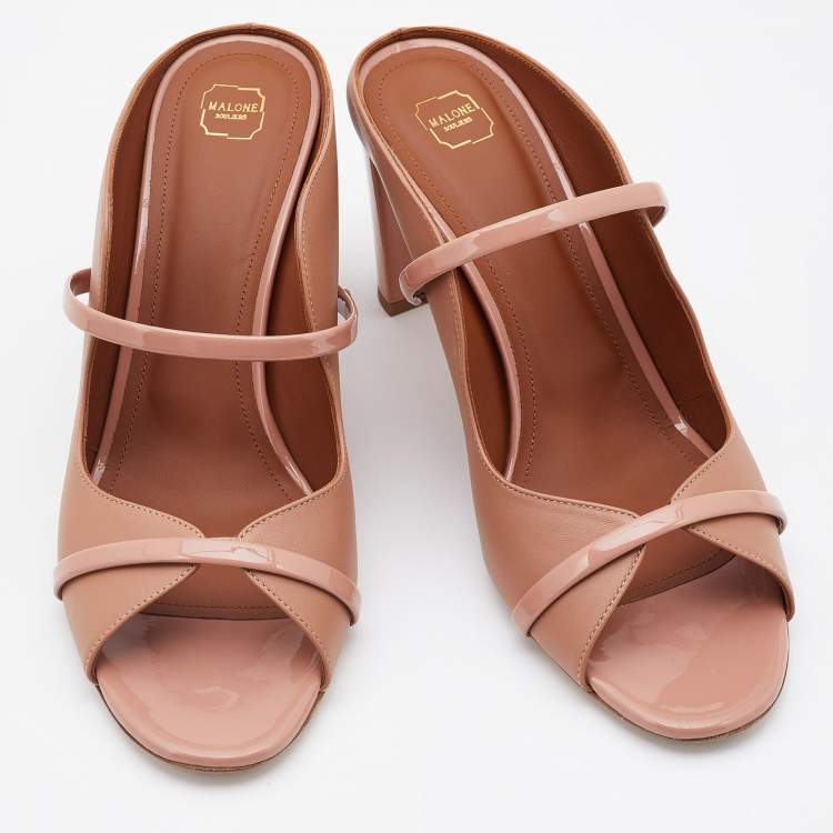 Pre Owned Malone Souliers Nude Leather and Patent Maureen Block Heel Mules Size 41.5