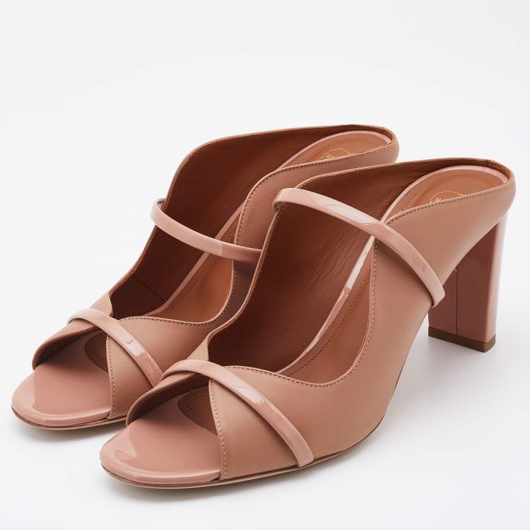Pre Owned Malone Souliers Nude Leather and Patent Maureen Block Heel Mules Size 41.5