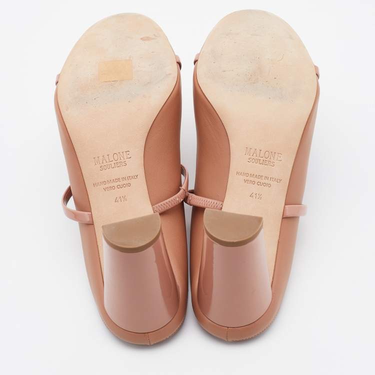 Pre Owned Malone Souliers Nude Leather and Patent Maureen Block Heel Mules Size 41.5
