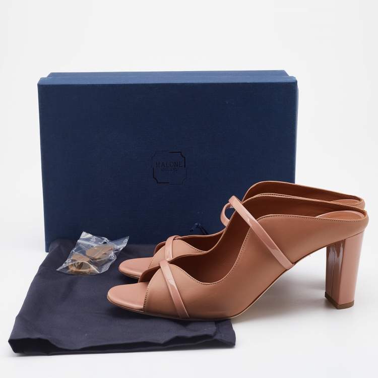Pre Owned Malone Souliers Nude Leather and Patent Maureen Block Heel Mules Size 41.5