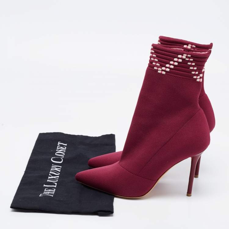 Pre Owned Malone Souliers Plum Knit Fabric Mariah Ankle Boots Size 36