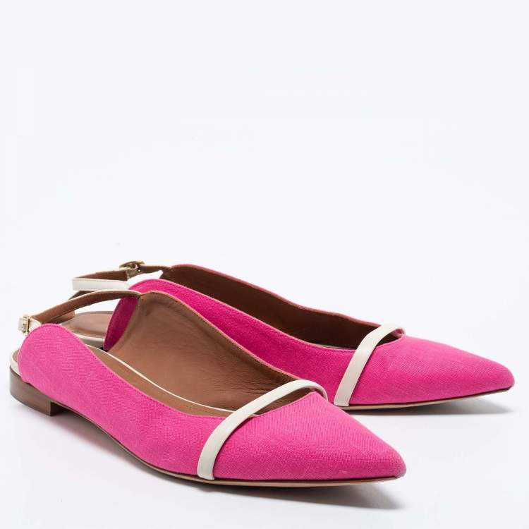 Pre Owned Malone Souliers Pink/White Canvas and Leather Slingback Flats Size 41