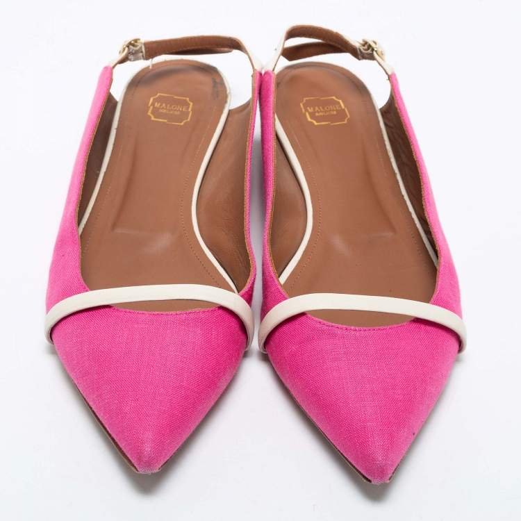 Pre Owned Malone Souliers Pink/White Canvas and Leather Slingback Flats Size 41