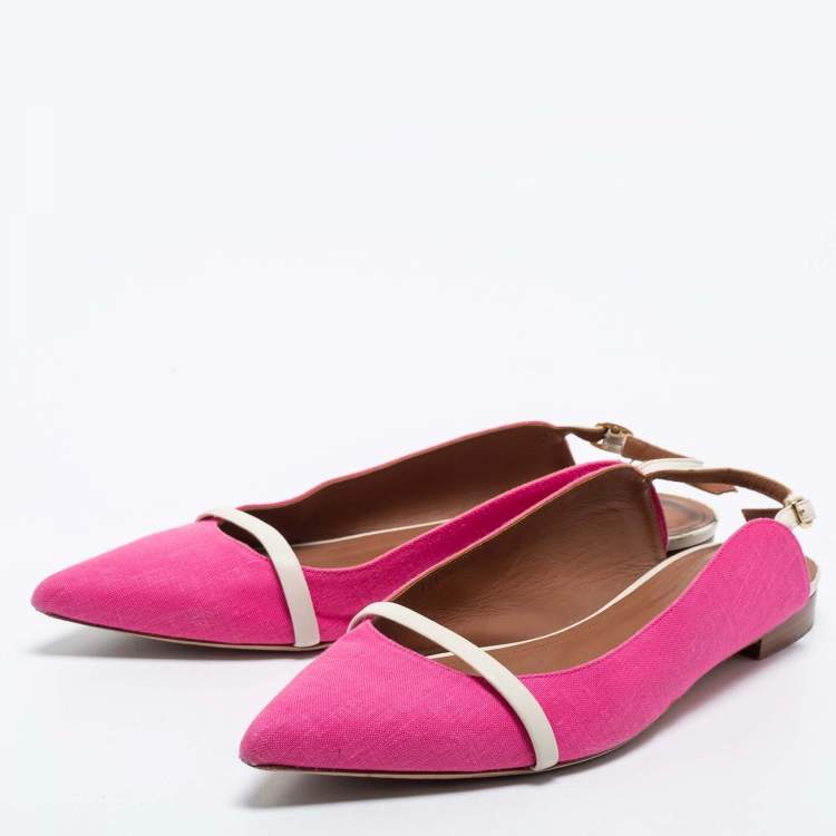 Pre Owned Malone Souliers Pink/White Canvas and Leather Slingback Flats Size 41