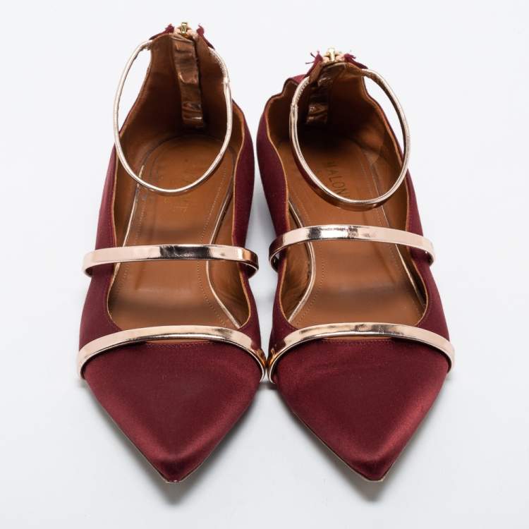 مملوكة مسبقًا Malone Souliers Burgundy/Leather Satin Maureen  Ballet Flats Size 40