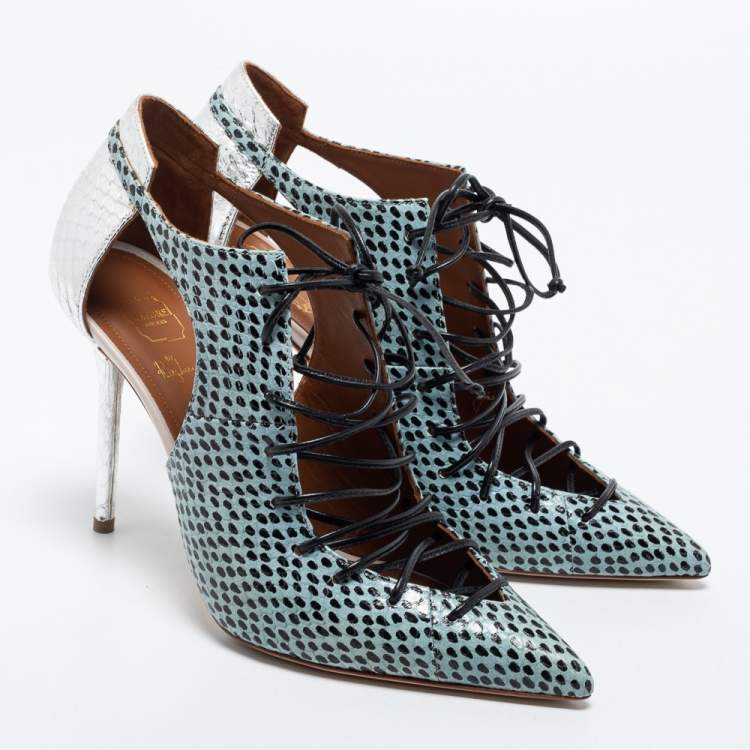 مملوكة مسبقًا Malone Souliers Multicolor Snakeskin Montana Lace Up Booties Size 38.5
