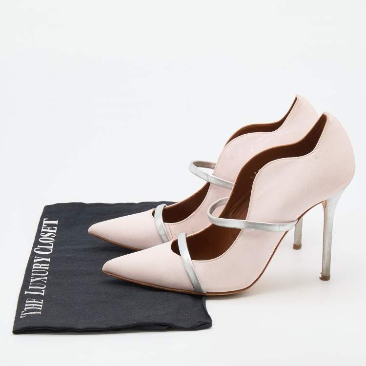 Pre Owned Malone Souliers Light Pink/Silver Fabric and Leather Maureen Pointed Toe Mules Size 39