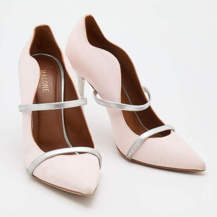 Pre Owned Malone Souliers Light Pink/Silver Fabric and Leather Maureen Pointed Toe Mules Size 39